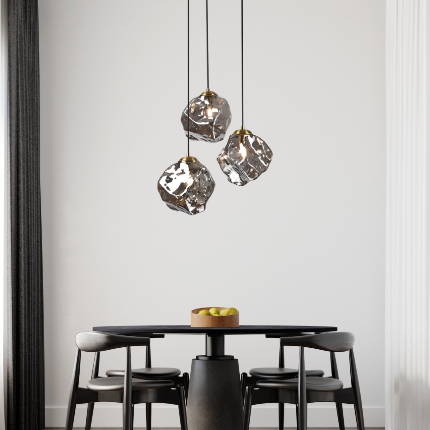 Lustr na lanku CRISTAL 3xE14/15W/230V mosaz/kouřová černá