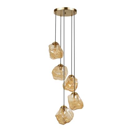 Lustr na lanku CRISTAL 5xE14/15W/230V mosaz/kouřová béžová