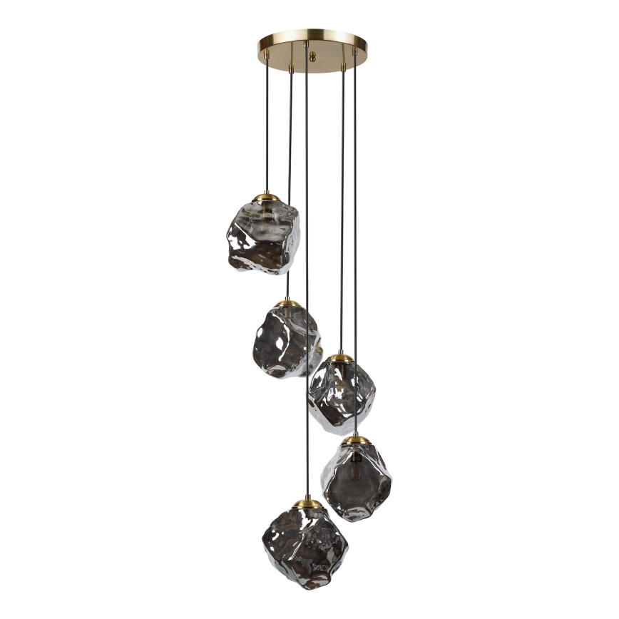 Lustr na lanku CRISTAL 5xE14/15W/230V mosaz/kouřová černá