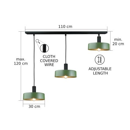 Lustr na lanku HAKI 3xE27/60W/230V zelená/černá