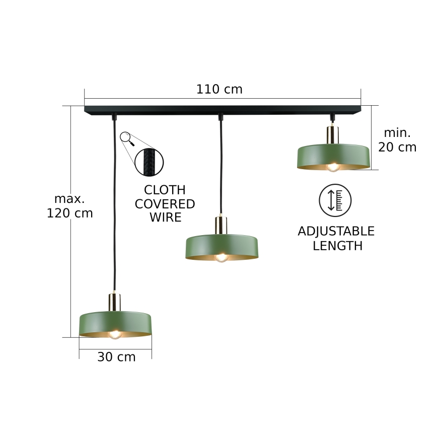 Lustr na lanku HAKI 3xE27/60W/230V zelená/černá/lesklý chrom