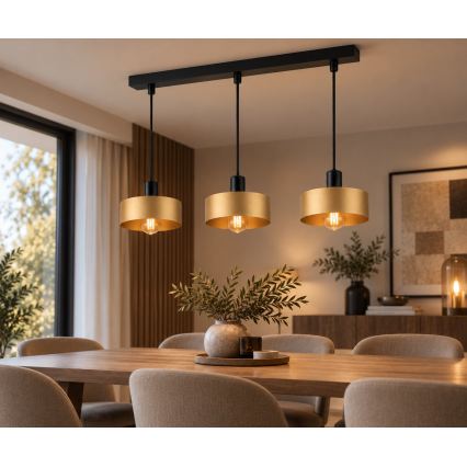 Lustr na lanku HAKI 3xE27/60W/230V zlatá/černá