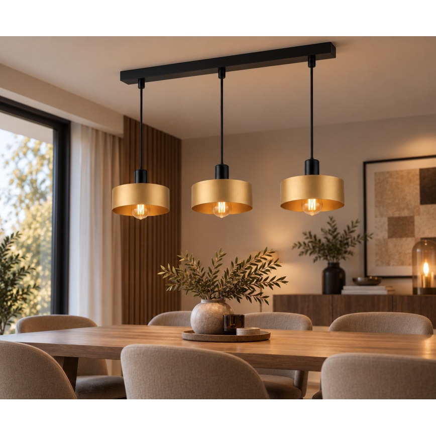 Lustr na lanku HAKI 3xE27/60W/230V zlatá/černá