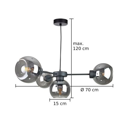 Lustr na lanku KALIOPE 6xE27/60W/230V černá/kouřová černá