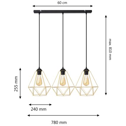 Lustr na lanku KARO 3xE27/15W/230V zlatá/černá