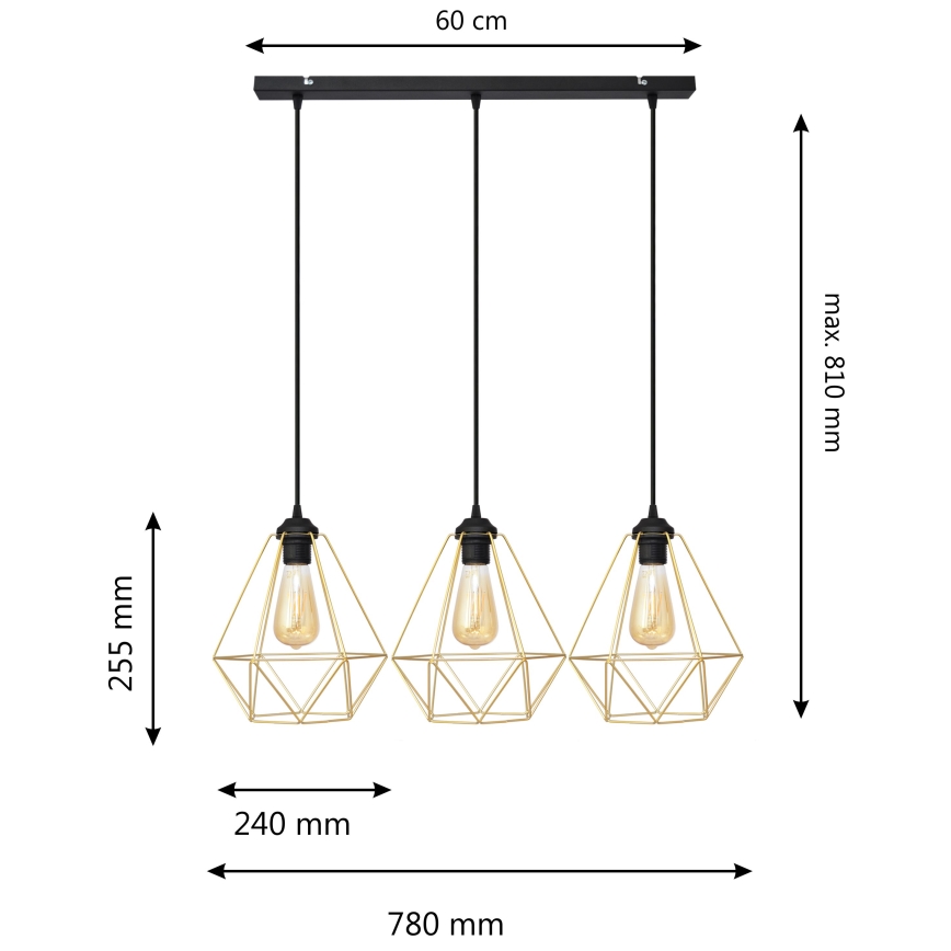 Lustr na lanku KARO 3xE27/15W/230V zlatá/černá