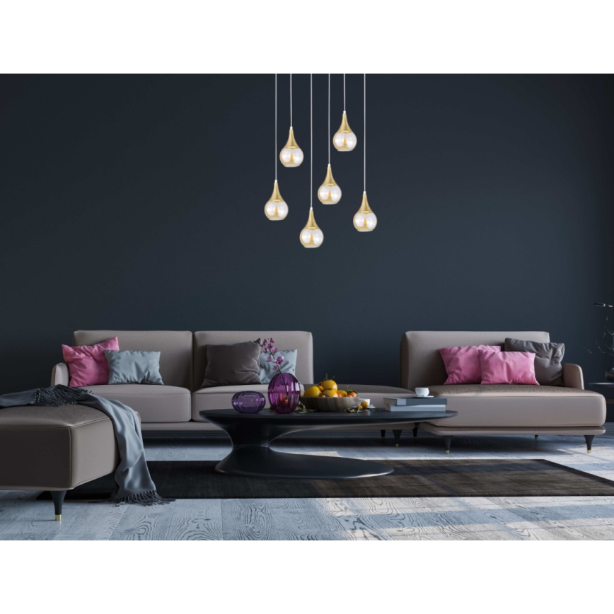 Lustr na lanku LACRIMA HONEY 6xE27/60W/230V bílá/zlatá/kouřová béžová