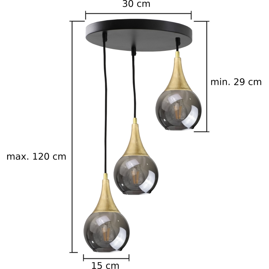 Lustr na lanku LACRIMA SMOKY 3xE27/60W/230V pr. 30 cm