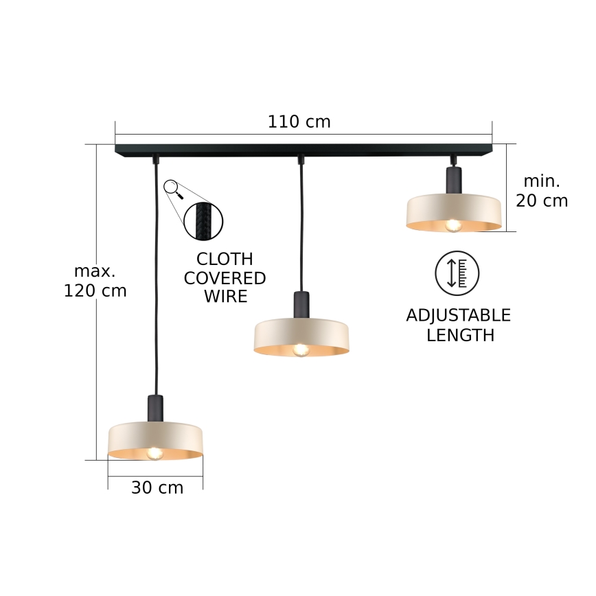Lustr na lanku LATTE 3xE27/60W/230V béžová/černá