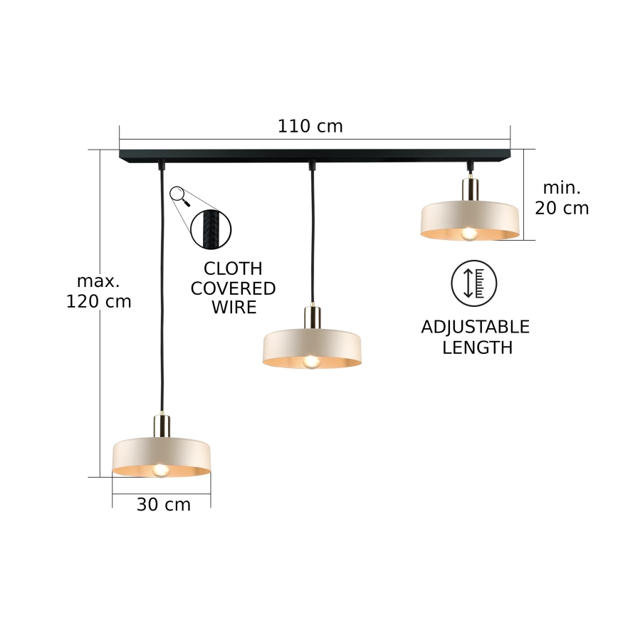 Lustr na lanku LATTE 3xE27/60W/230V béžová/černá/lesklý chrom