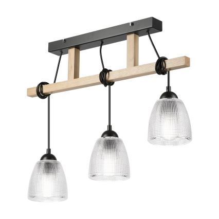 Lustr na lanku LEANDRA 3xE27/15W/230V dub/černá