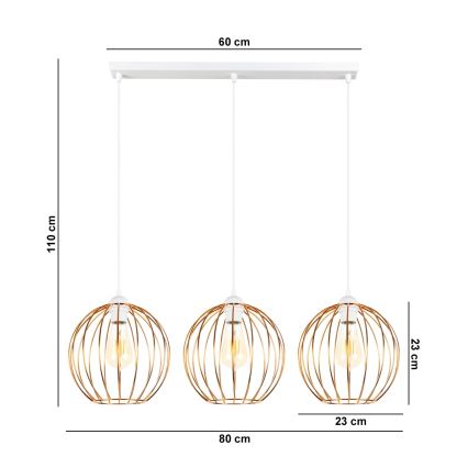 Lustr na lanku MATT 3xE27/60W/230V bílá/měděná