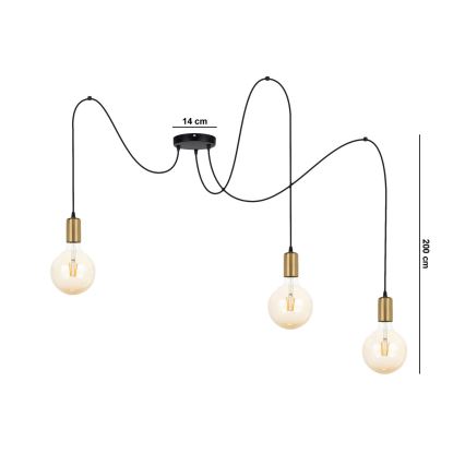 Lustr na lanku MIROS 3xE27/60W/230V pavouk černá/zlatá