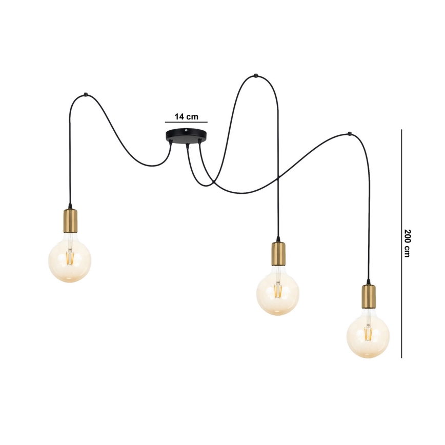 Lustr na lanku MIROS 3xE27/60W/230V pavouk černá/zlatá