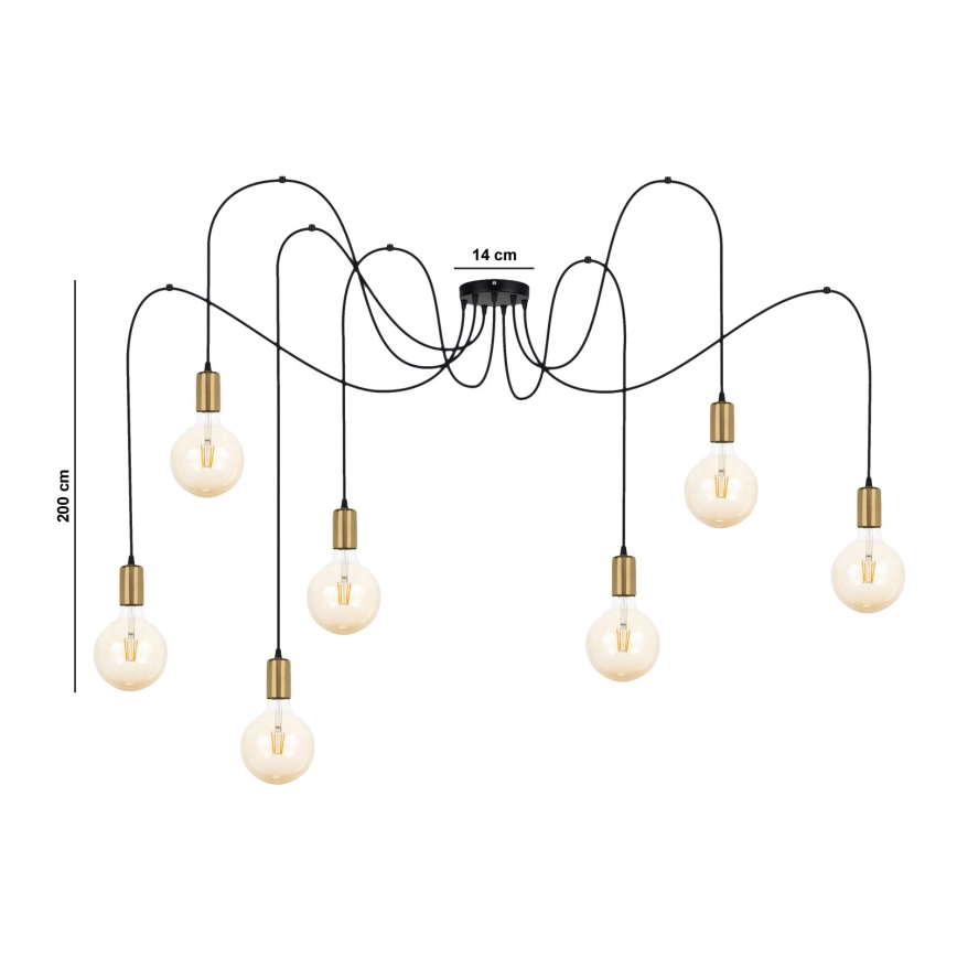 Lustr na lanku MIROS 7xE27/60W/230V pavouk černá/zlatá