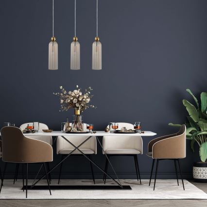 Lustr na lanku PIEGA 3xE14/40W/230V mosaz/kouřová béžová