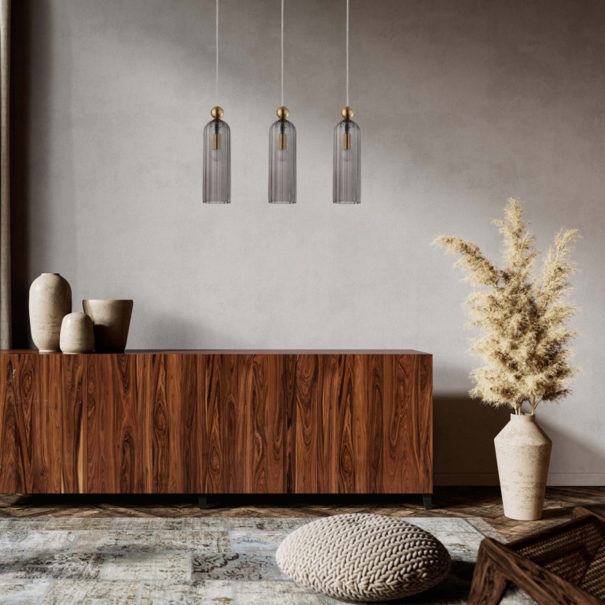 Lustr na lanku PIEGA 3xE14/40W/230V mosaz/kouřová černá