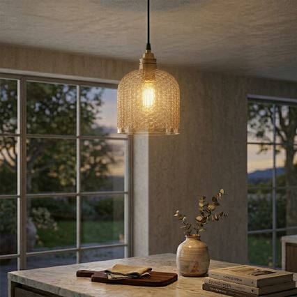 Lustr na lanku ROCCO 1xE27/15W/230V zlatá/kouřová béžová