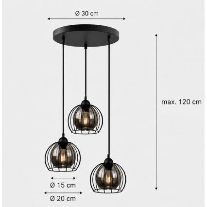 Lustr na lanku SOLO BLACK 3xE27/60W/230V pr. 30 cm
