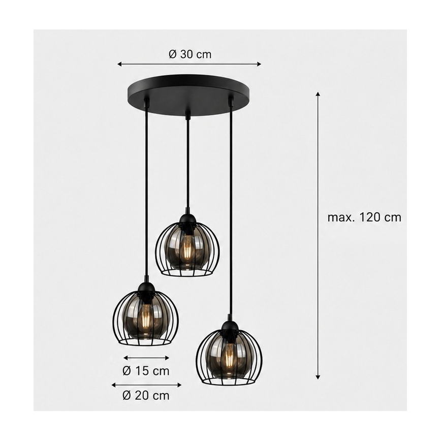 Lustr na lanku SOLO BLACK 3xE27/60W/230V pr. 30 cm