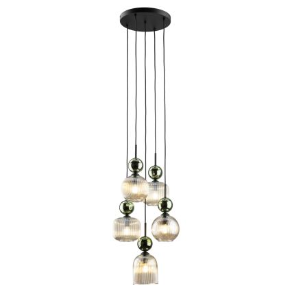 Lustr na lanku SOPHIA 5xE14/10W/230V černá/zelená/kouřová béžová