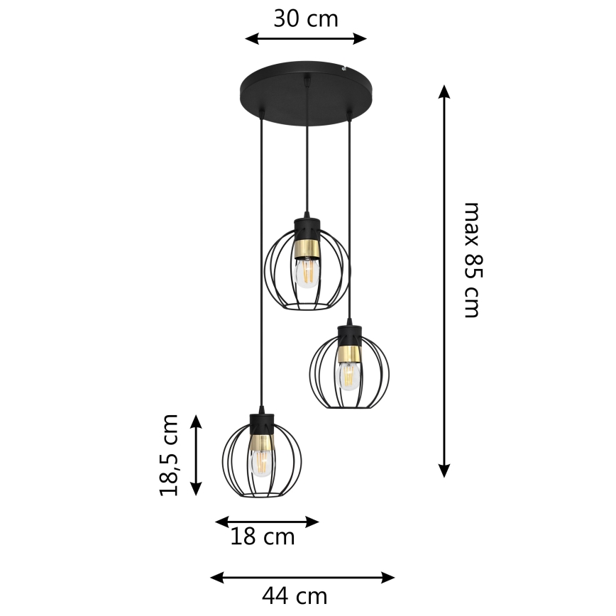 Lustr na lanku STARLIGHT 3xE27/15W/230V černá/zlatá