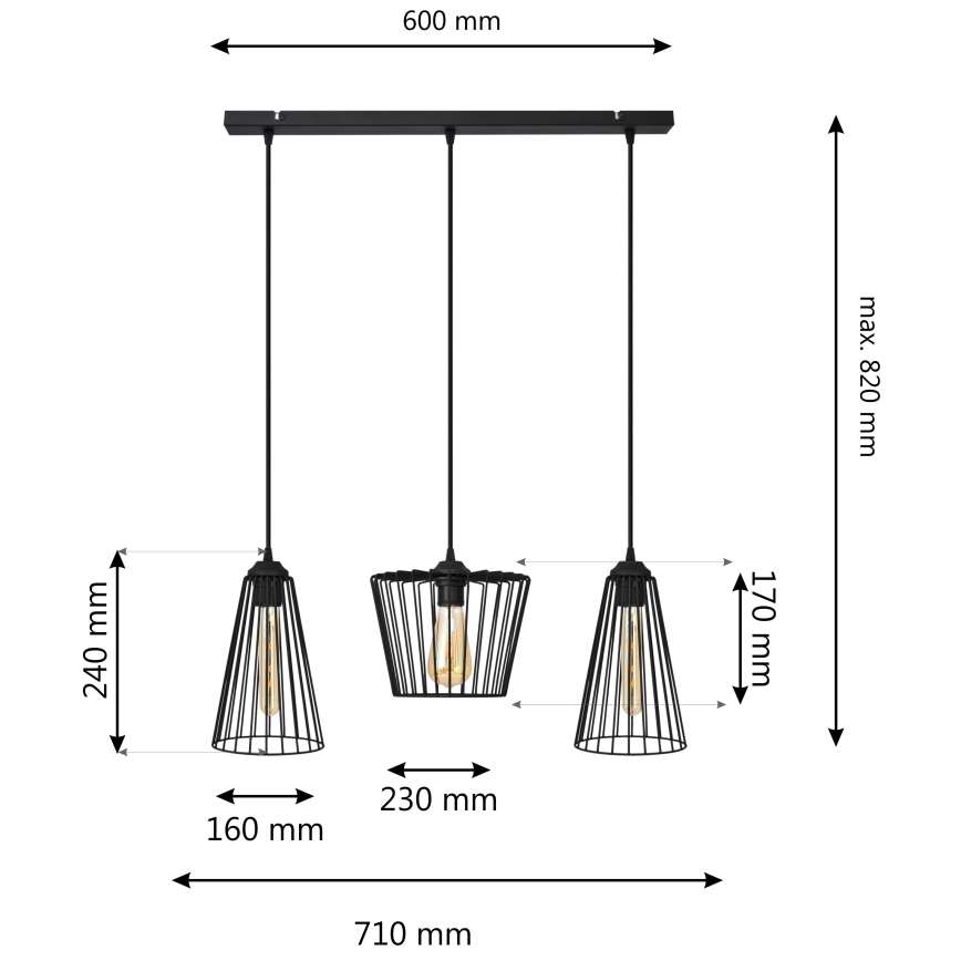 Lustr na lanku TORRI 3xE27/15W/230V černá