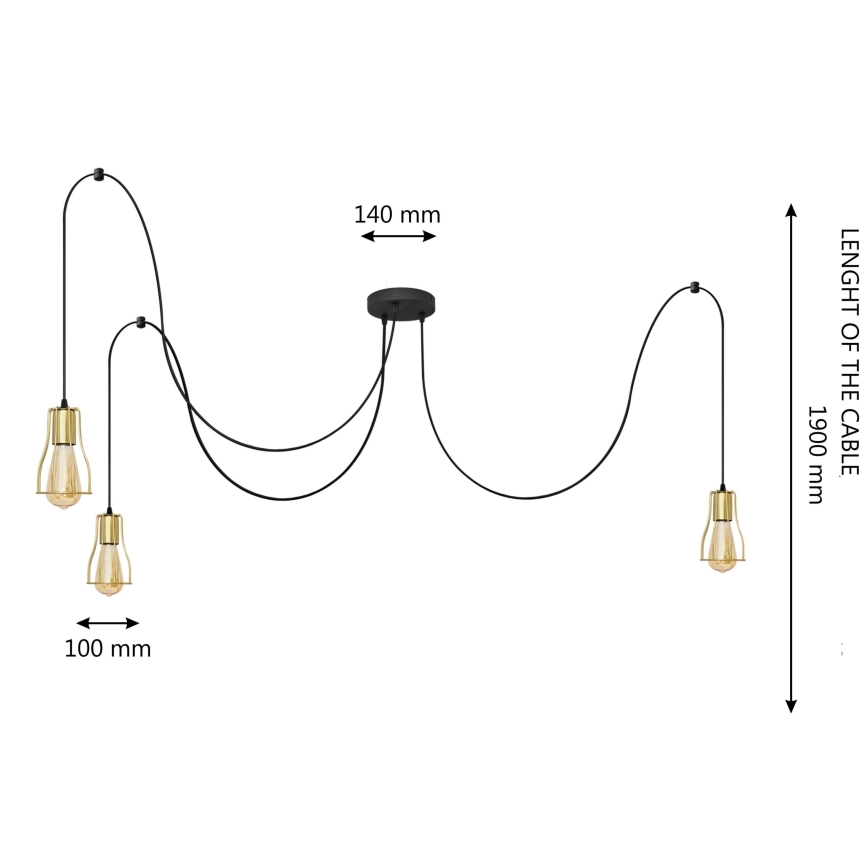 Lustr na lanku TUBE 3xE27/10W/230V pavouk černá/zlatá