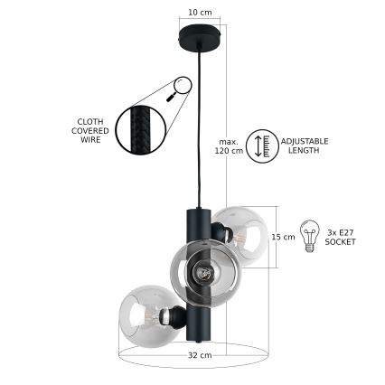 Lustr na lanku TUBE 3xE27/60W/230V černá/čirá