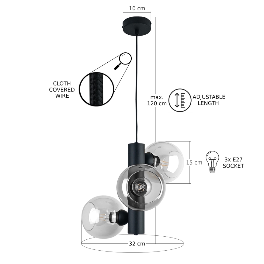 Lustr na lanku TUBE 3xE27/60W/230V černá/čirá