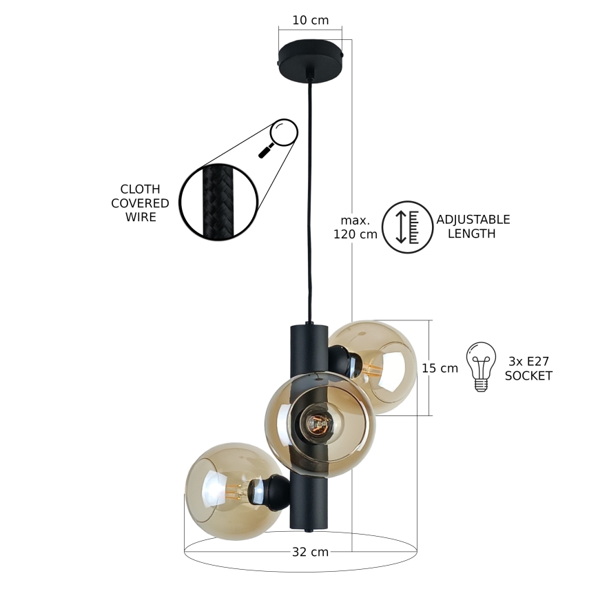 Lustr na lanku TUBE 3xE27/60W/230V černá/kouřová béžová
