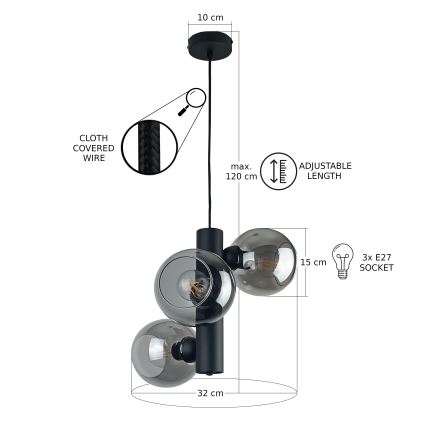Lustr na lanku TUBE 3xE27/60W/230V černá/kouřová černá