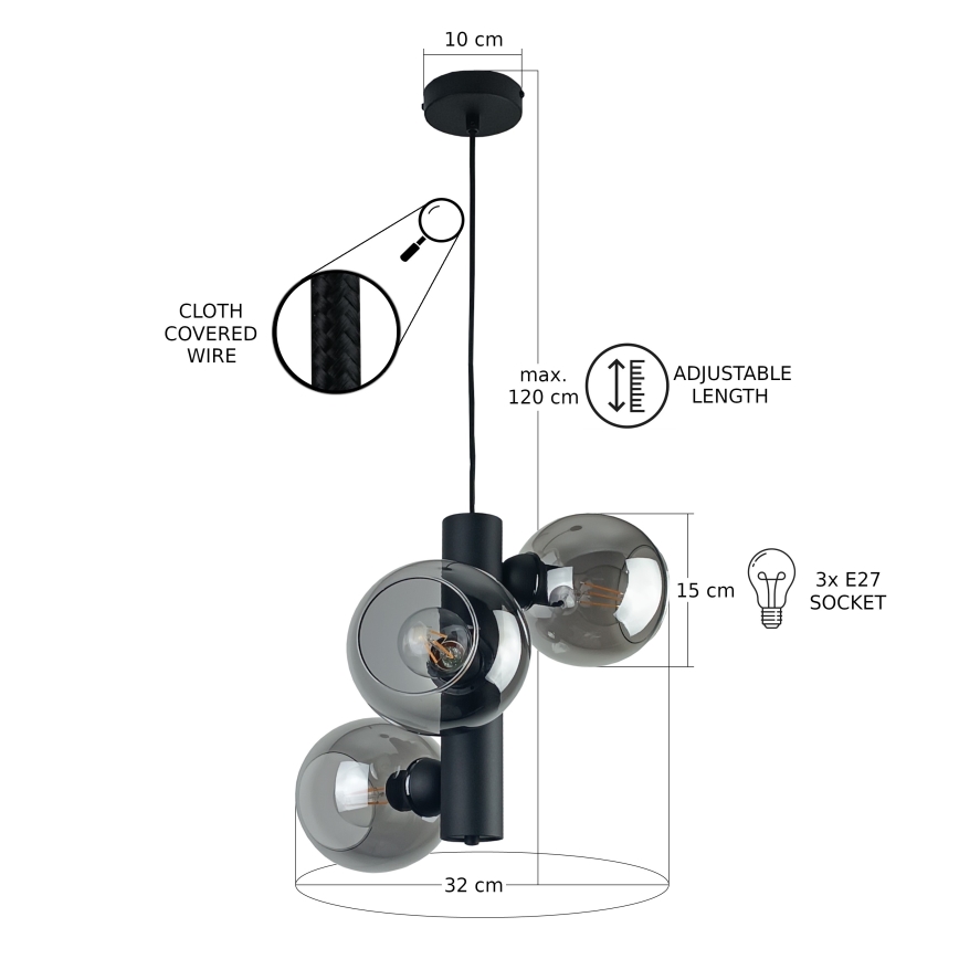 Lustr na lanku TUBE 3xE27/60W/230V černá/kouřová černá