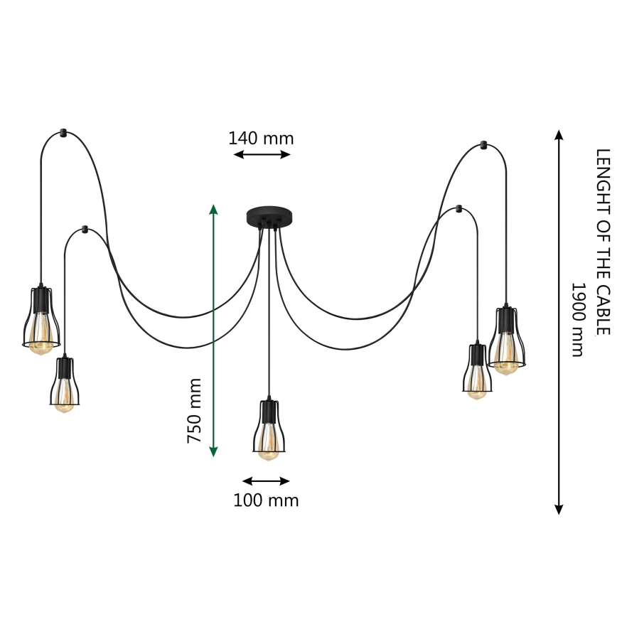 Lustr na lanku TUBE 5xE27/15W/230V pavouk černá