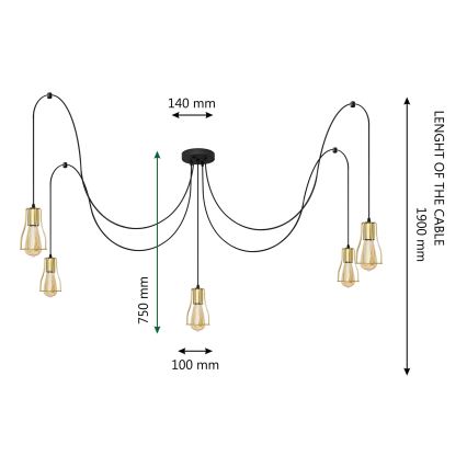 Lustr na lanku TUBE 5xE27/15W/230V pavouk černá/zlatá
