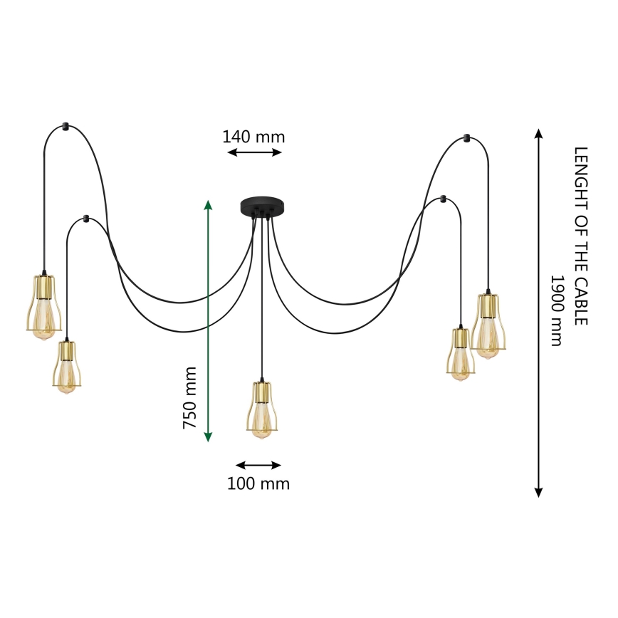 Lustr na lanku TUBE 5xE27/15W/230V pavouk černá/zlatá