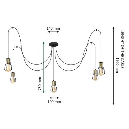 Lustr na lanku TUBE 5xE27/15W/230V pavouk černá/zlatá