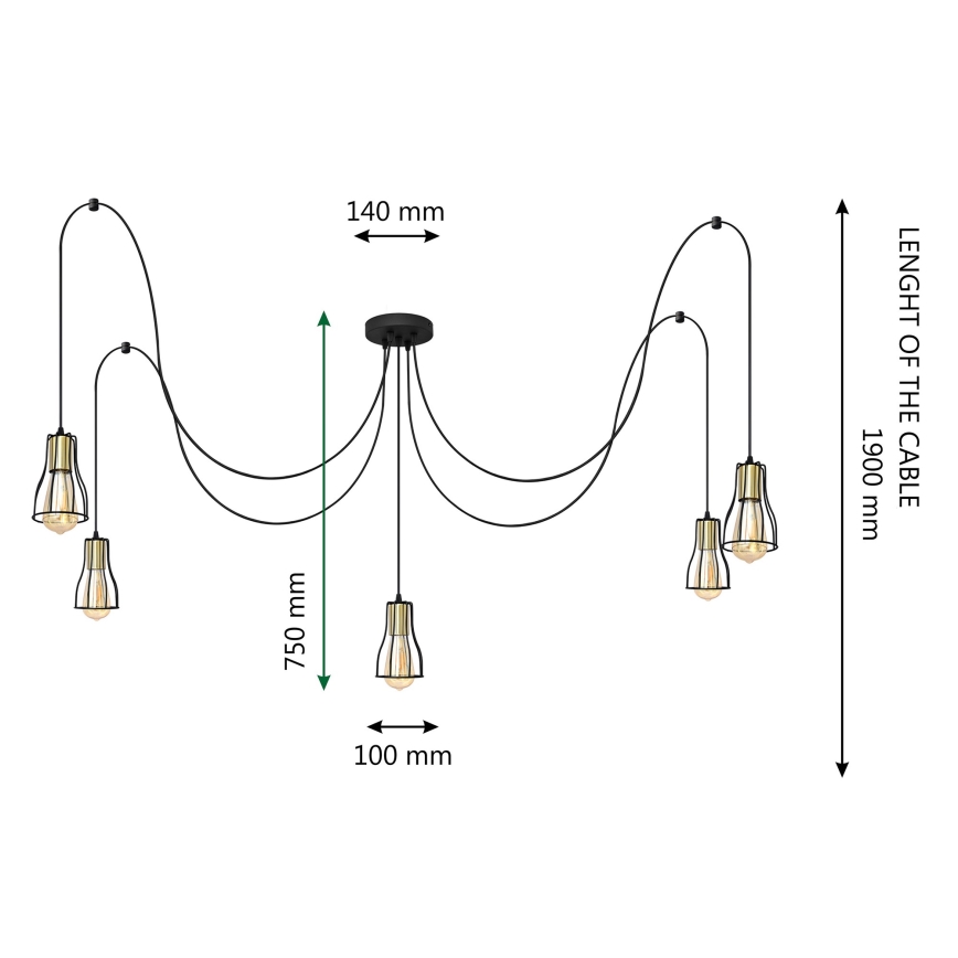 Lustr na lanku TUBE 5xE27/15W/230V pavouk černá/zlatá