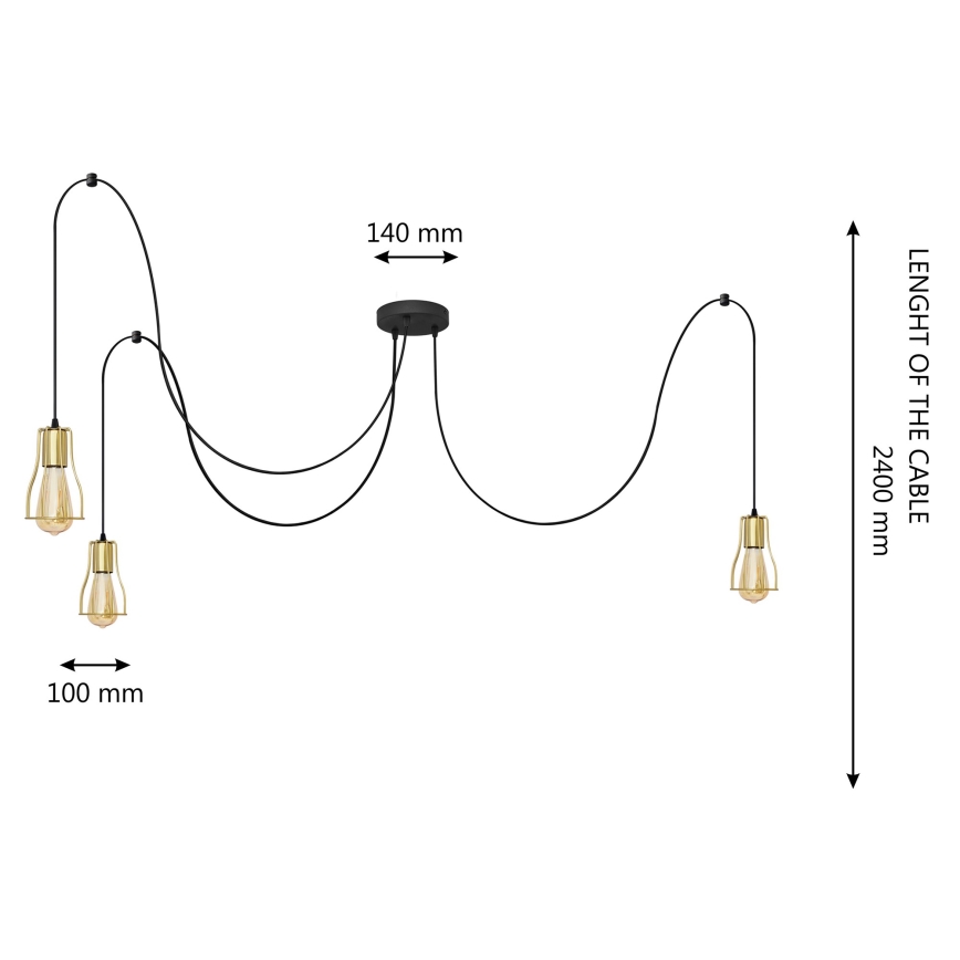 Lustr na lanku TUBE LONG 3xE27/10W/230V černá/zlatá
