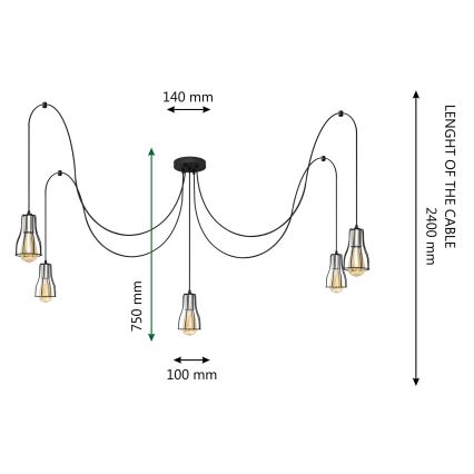 Lustr na lanku TUBE LONG 5xE27/15W/230V černá/chrom