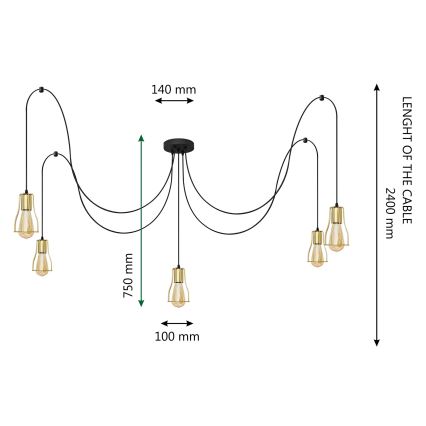 Lustr na lanku TUBE LONG 5xE27/15W/230V černá/zlatá