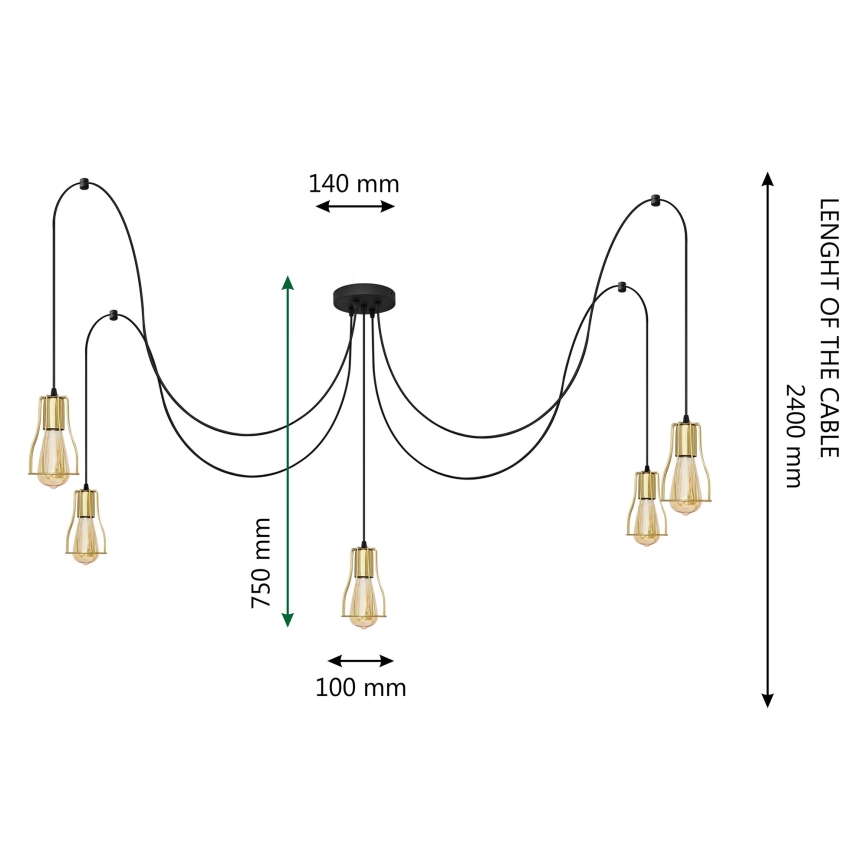 Lustr na lanku TUBE LONG 5xE27/15W/230V černá/zlatá