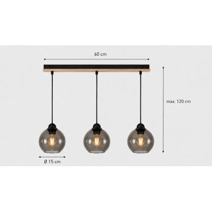 Lustr na lanku UNO WOOD 3xE27/60W/230V černá/hnědá