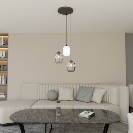 Lustr na lanku VERDI 3xE27/15W/230V pr. 30 cm černá/šedá/bílá