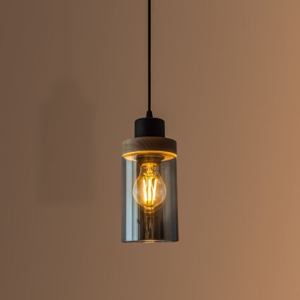 Lustr na lanku WOODNEST 1xE27/15W/230V borovice/kouřová černá