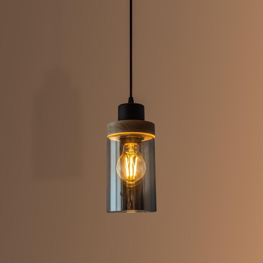 Lustr na lanku WOODNEST 1xE27/15W/230V borovice/kouřová černá