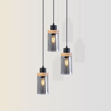 Lustr na lanku WOODNEST 3xE27/15W/230V borovice/kouřová černá