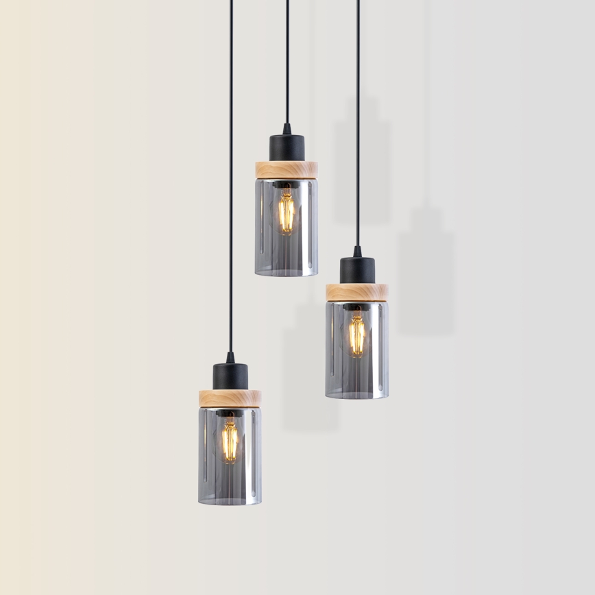 Lustr na lanku WOODNEST 3xE27/15W/230V borovice/kouřová černá