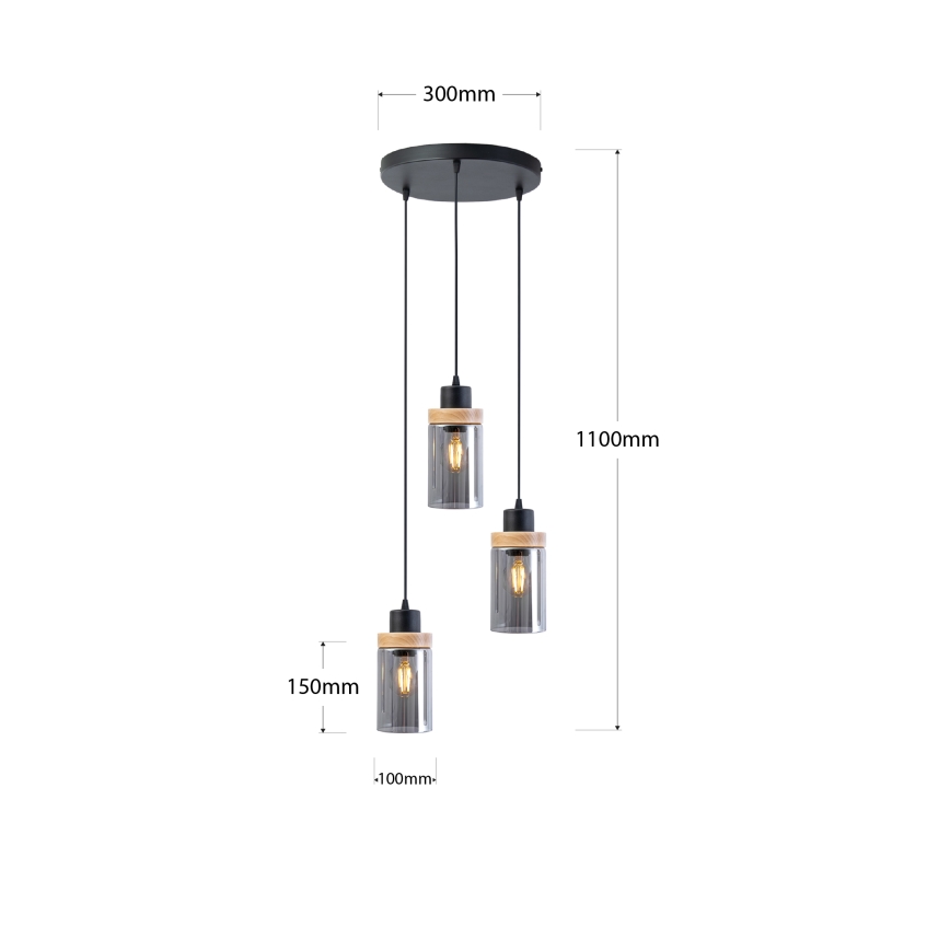 Lustr na lanku WOODNEST 3xE27/15W/230V borovice/kouřová černá