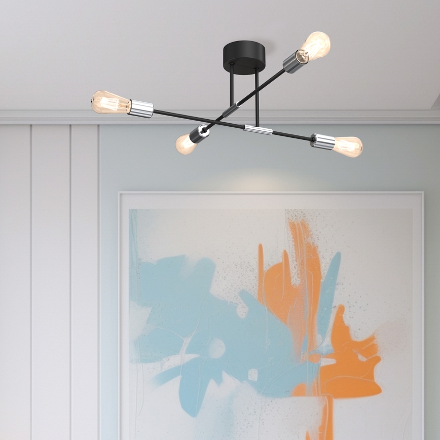 Lustr na tyči FLAME 4xE27/60W/230V černá/lesklý chrom